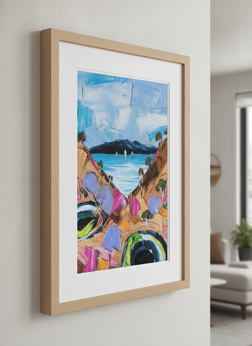 Modern wall art styled above a sofa in a neutral living room