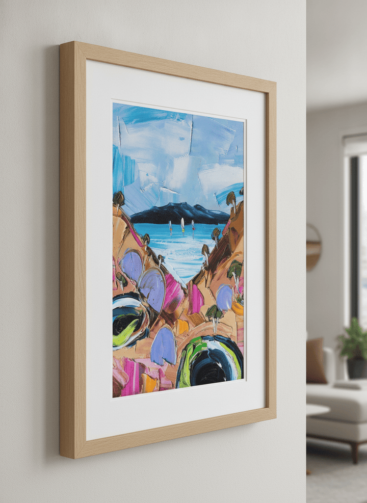 Modern wall art styled above a sofa in a neutral living room