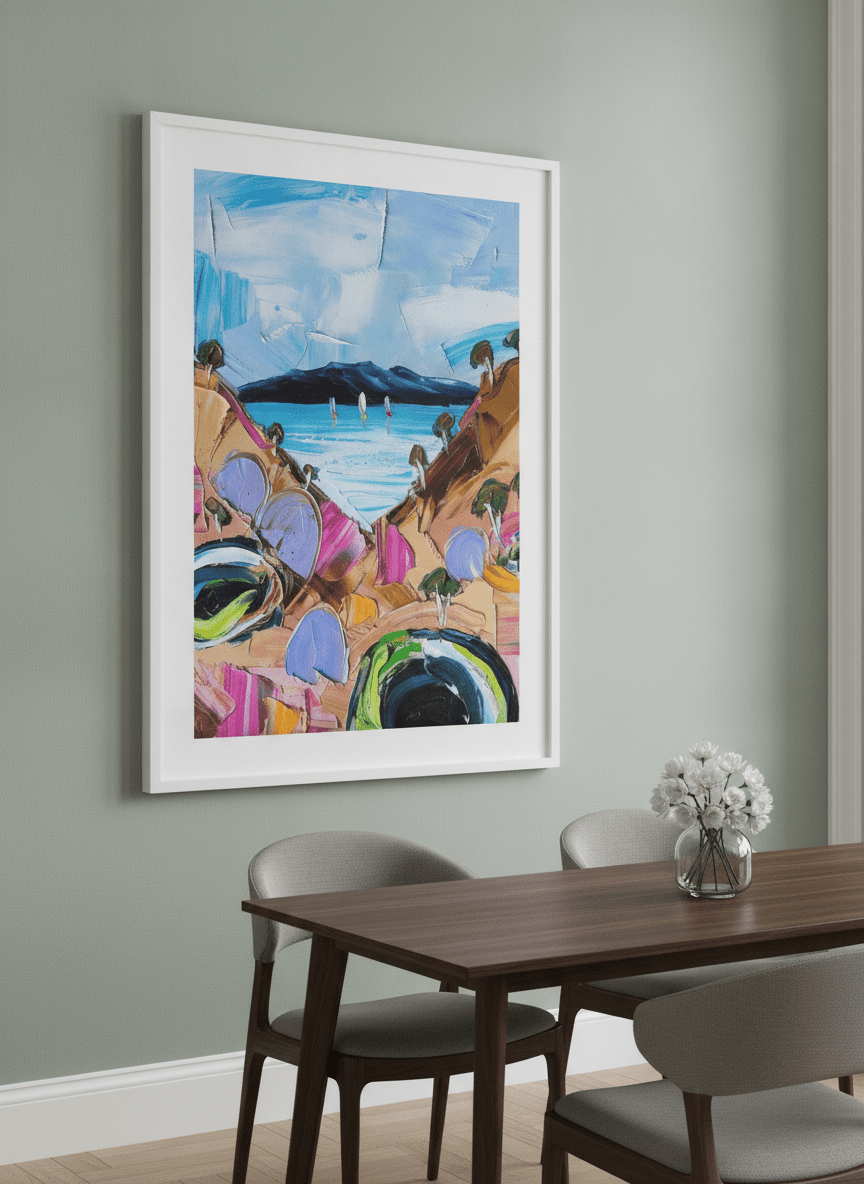 Wall art styled above a dining table in a contemporary home
