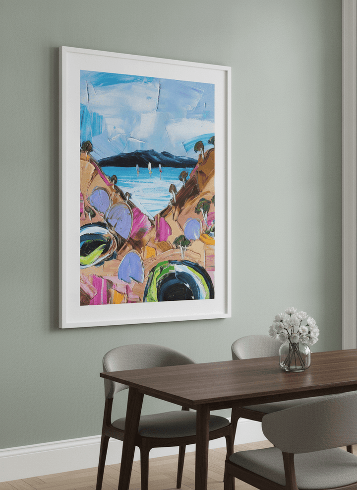 Wall art styled above a dining table in a contemporary home