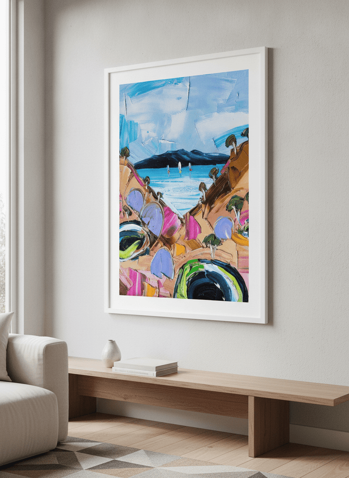 Modern wall art styled above a sofa in a neutral living room