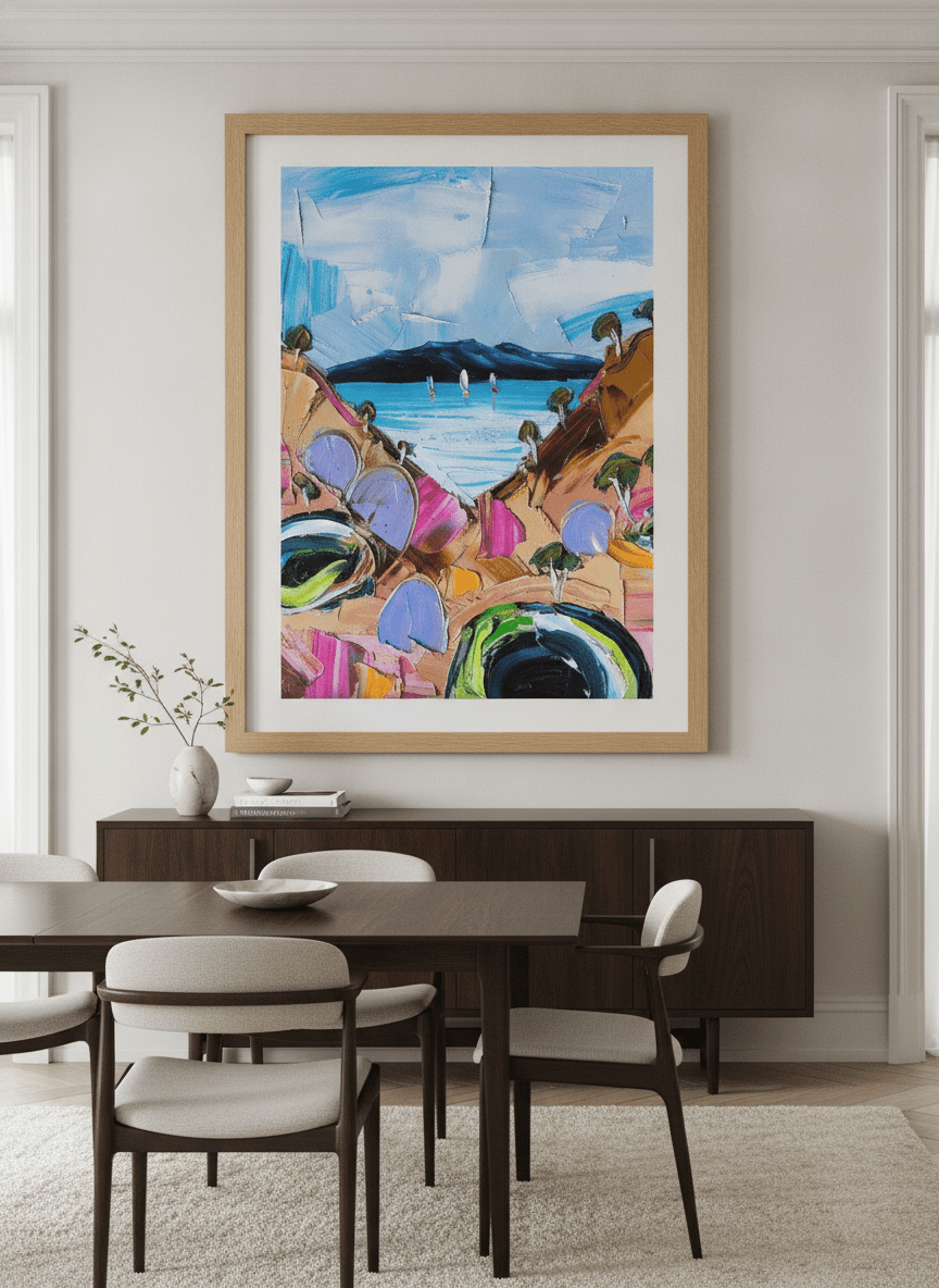 Monumental artwork centred on a feature wall in a luxe interior