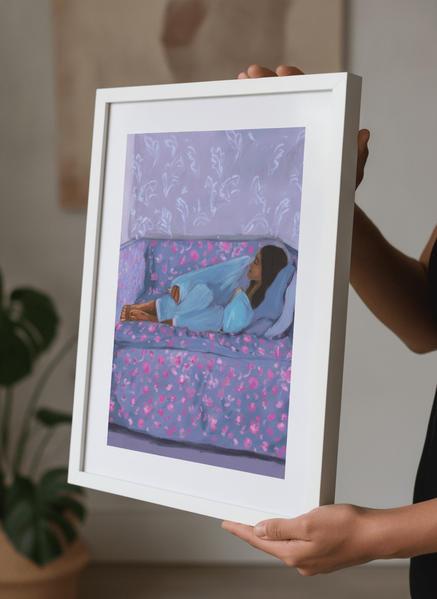 Person showcasing the artwork against a clean modern interior wall