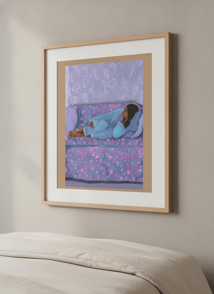Minimalist artwork displayed in a calm, light-filled bedroom interior