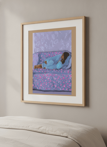Minimalist artwork displayed in a calm, light-filled bedroom interior