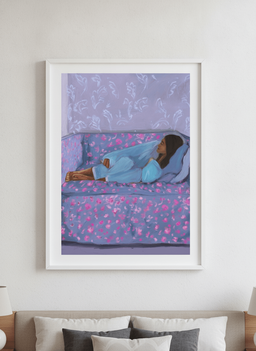 Minimalist artwork displayed in a calm, light-filled bedroom interior