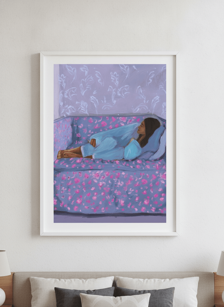 Minimalist artwork displayed in a calm, light-filled bedroom interior