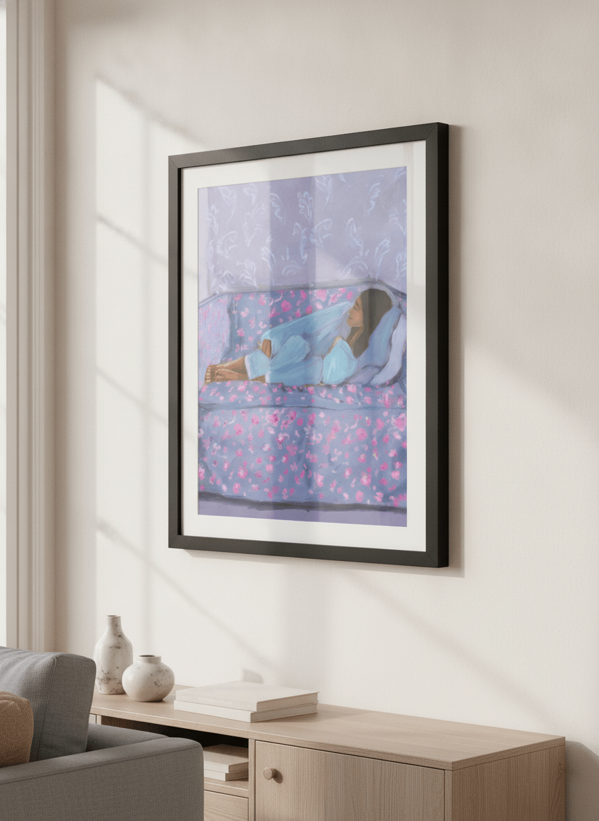 Artwork displayed above a credenza in a real-looking contemporary home