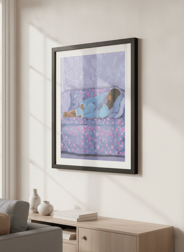 Artwork displayed above a credenza in a real-looking contemporary home