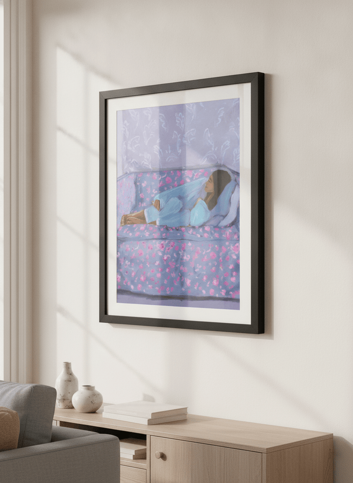 Artwork displayed above a credenza in a real-looking contemporary home
