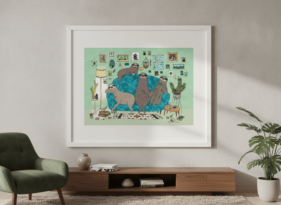 Modern wall art styled above a sofa in a neutral living room