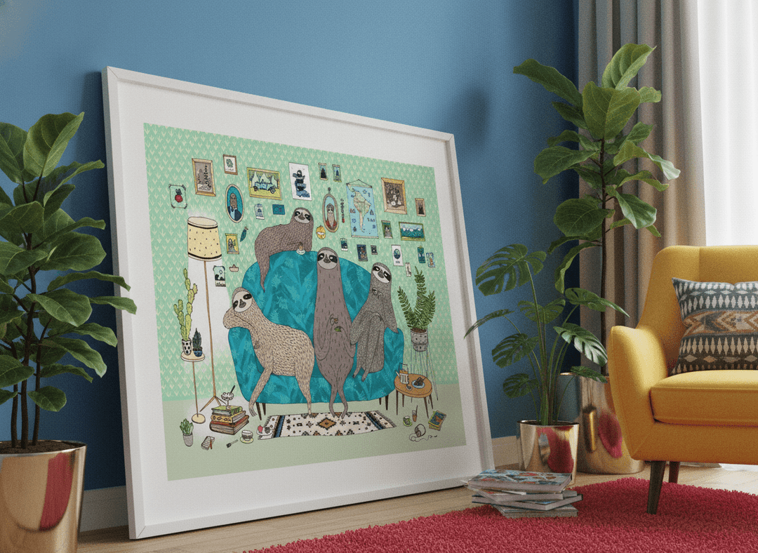 Bold wall art styled in a colourful, eclectic modern home