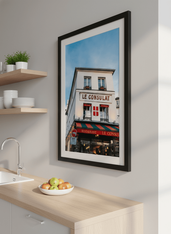 Artwork styled on the wall of a bright modern kitchen