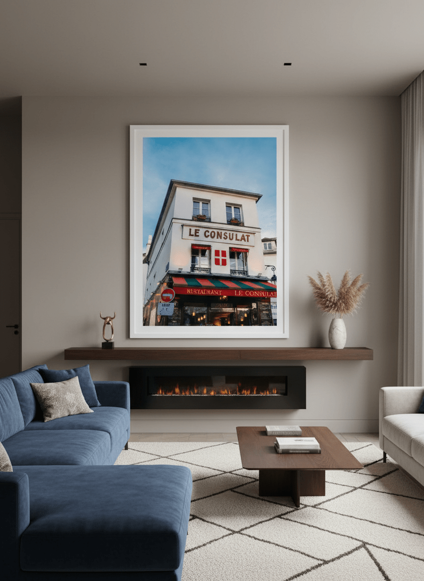 Monumental artwork centred on a feature wall in a luxe interior