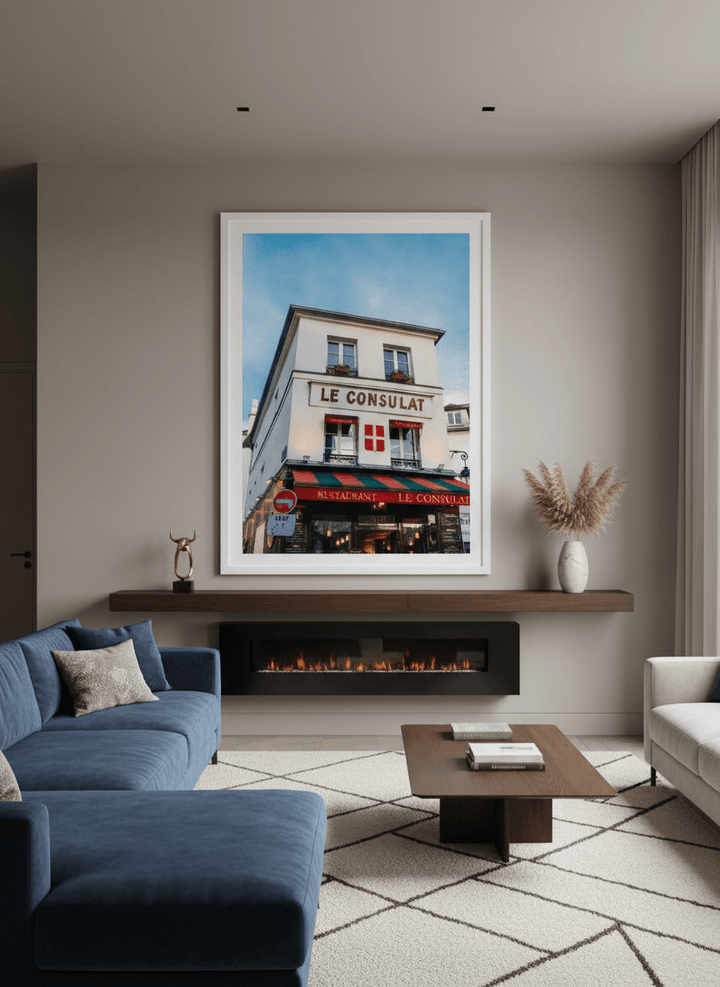 Monumental artwork centred on a feature wall in a luxe interior