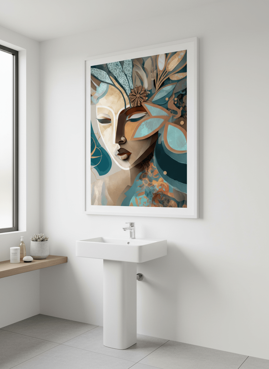 Modern print displayed in a clean minimalist bathroom setting