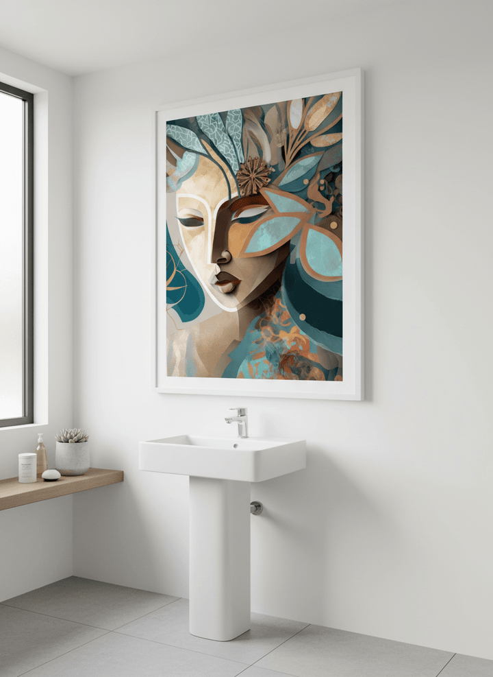Modern print displayed in a clean minimalist bathroom setting