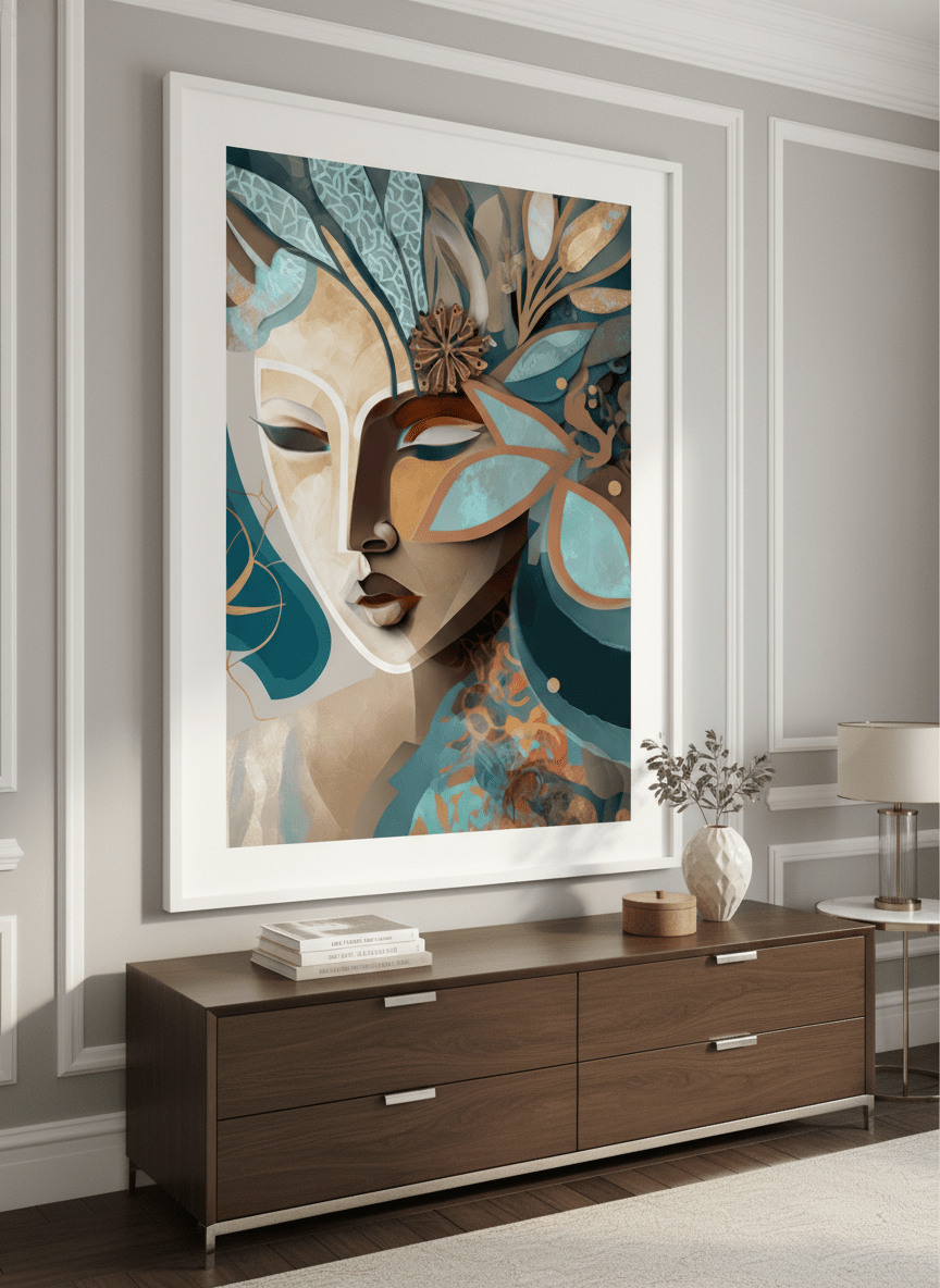 Monumental artwork centred on a feature wall in a luxe interior