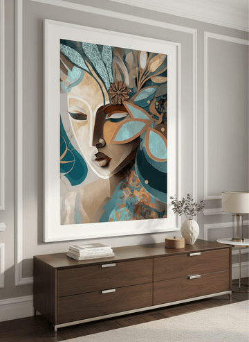 Monumental artwork centred on a feature wall in a luxe interior