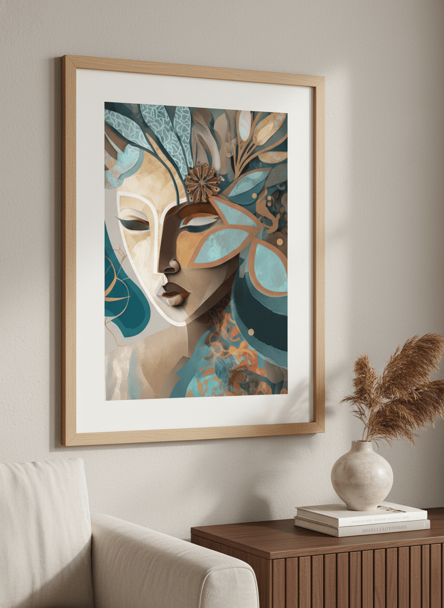 Modern wall art styled above a sofa in a neutral living room