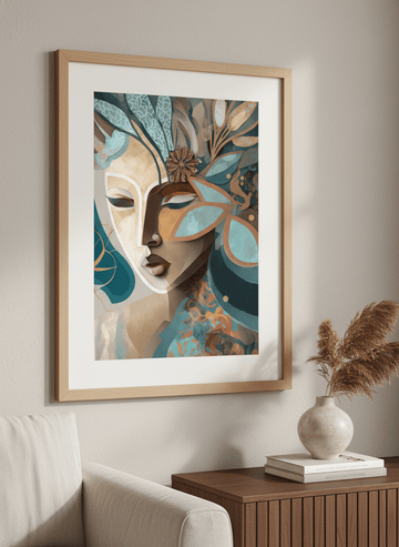Modern wall art styled above a sofa in a neutral living room