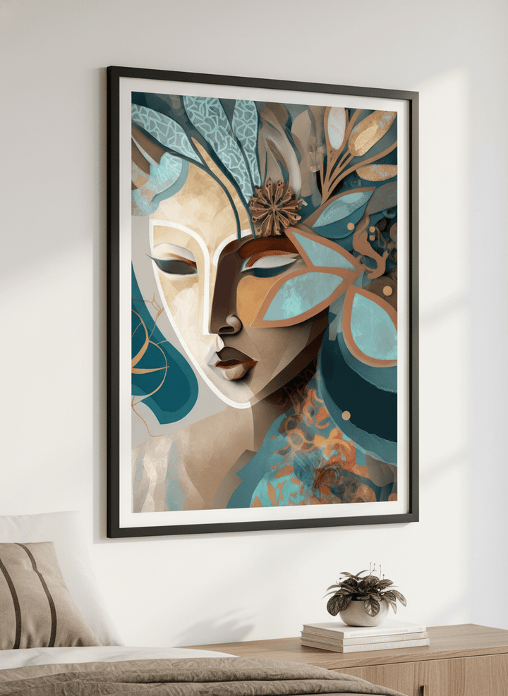 Minimalist artwork displayed in a calm, light-filled bedroom interior