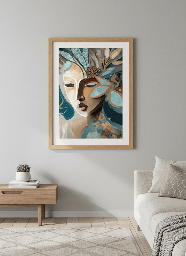 Modern wall art styled above a sofa in a neutral living room