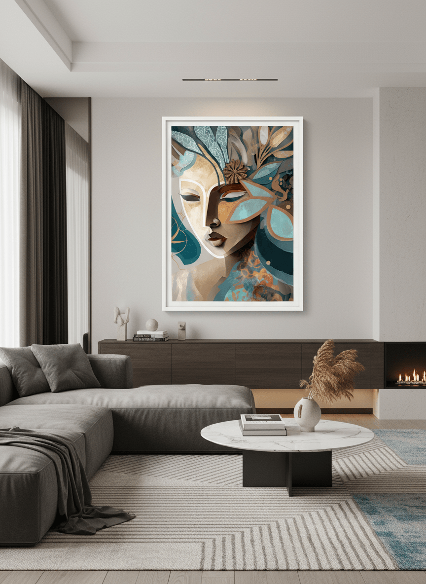 Monumental artwork centred on a feature wall in a luxe interior