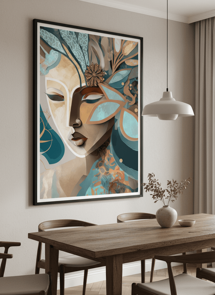 Wall art styled above a dining table in a contemporary home