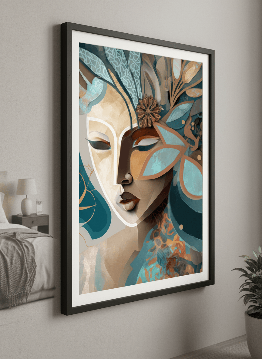 Minimalist artwork displayed in a calm, light-filled bedroom interior