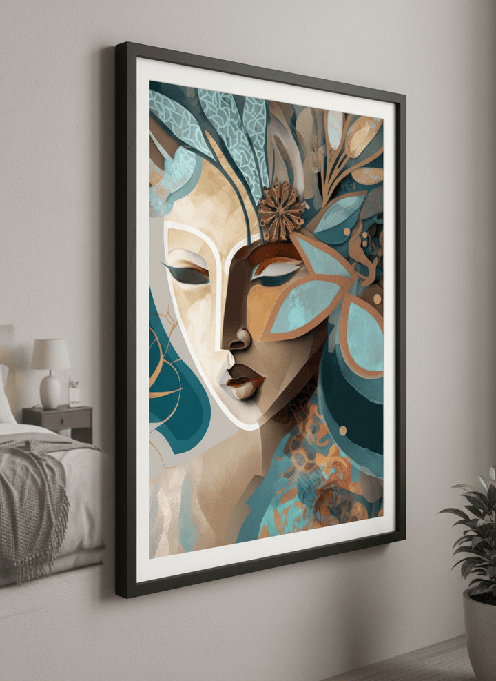 Minimalist artwork displayed in a calm, light-filled bedroom interior