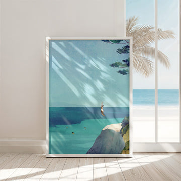 artwork of a beach scene with palm trees on a wall.