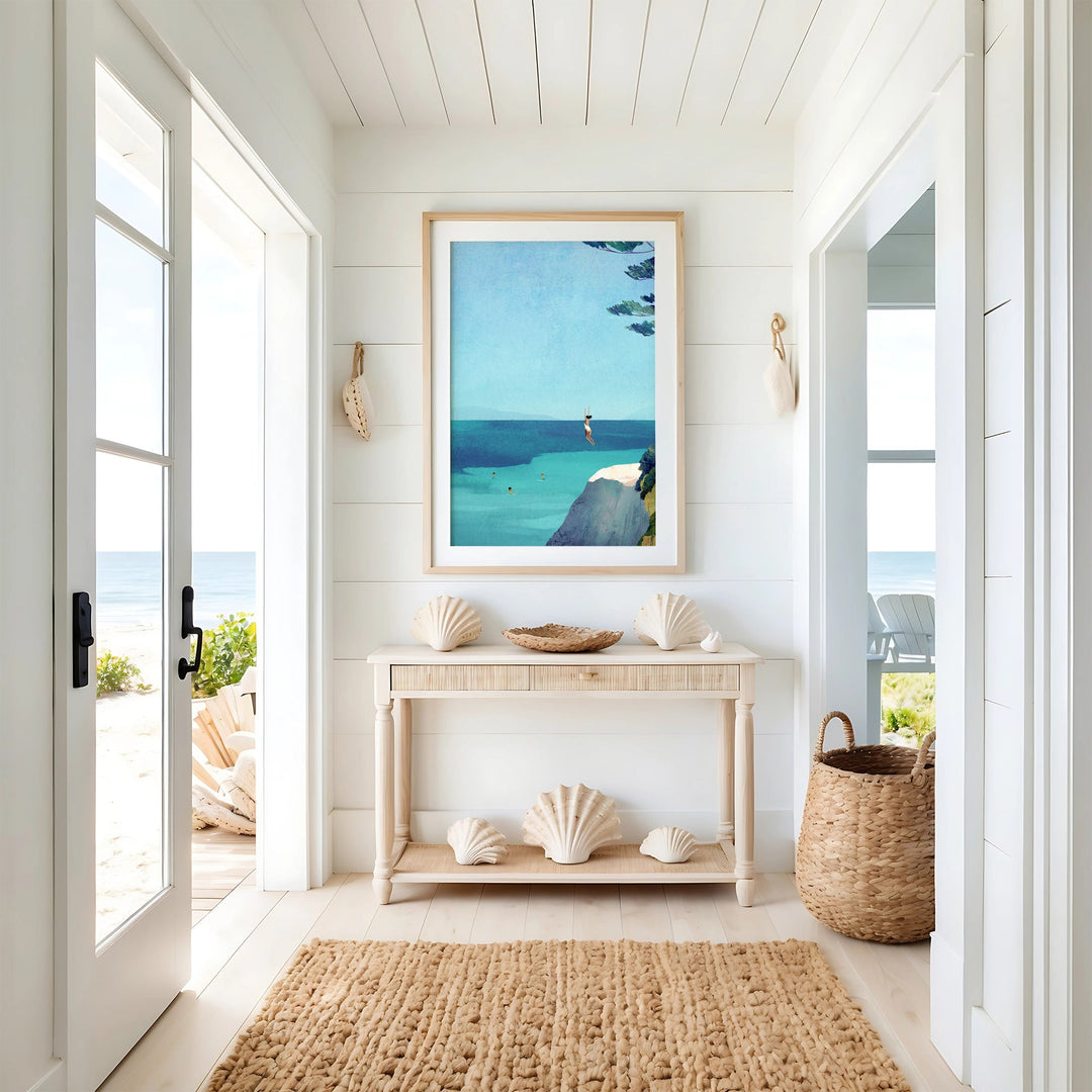Nautical-themed interior with a beach scene, shell decor, and a woven basket.