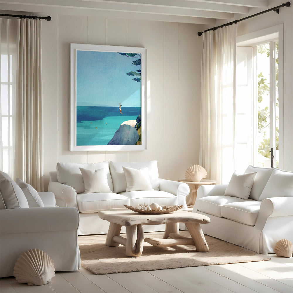 Modern living room with white furniture, a wooden coffee table, and a large window.