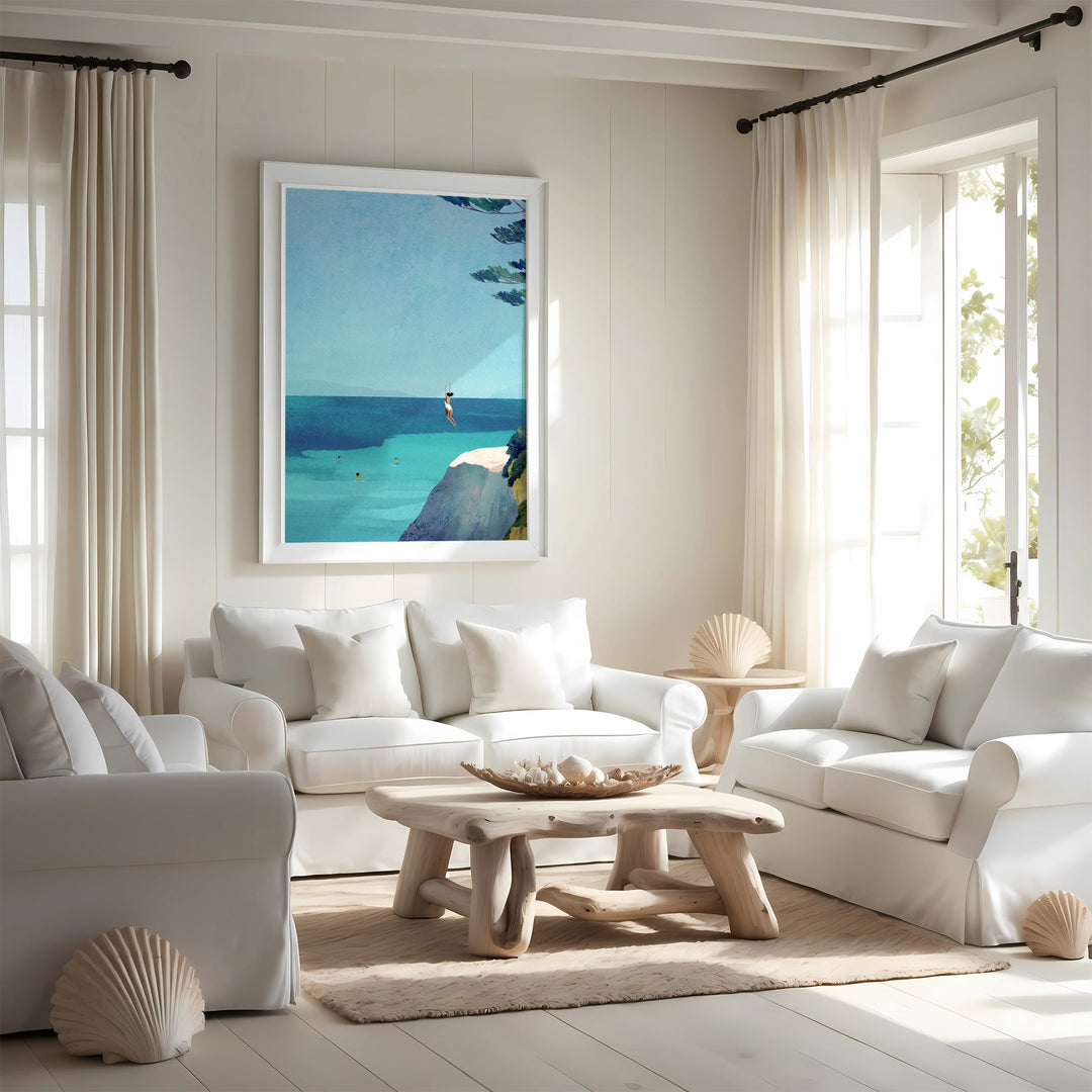 Modern living room with white furniture, a wooden coffee table, and a large window.
