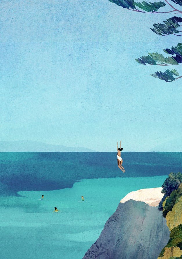Person diving into a clear blue sea from a cliff with a scenic background. framed
