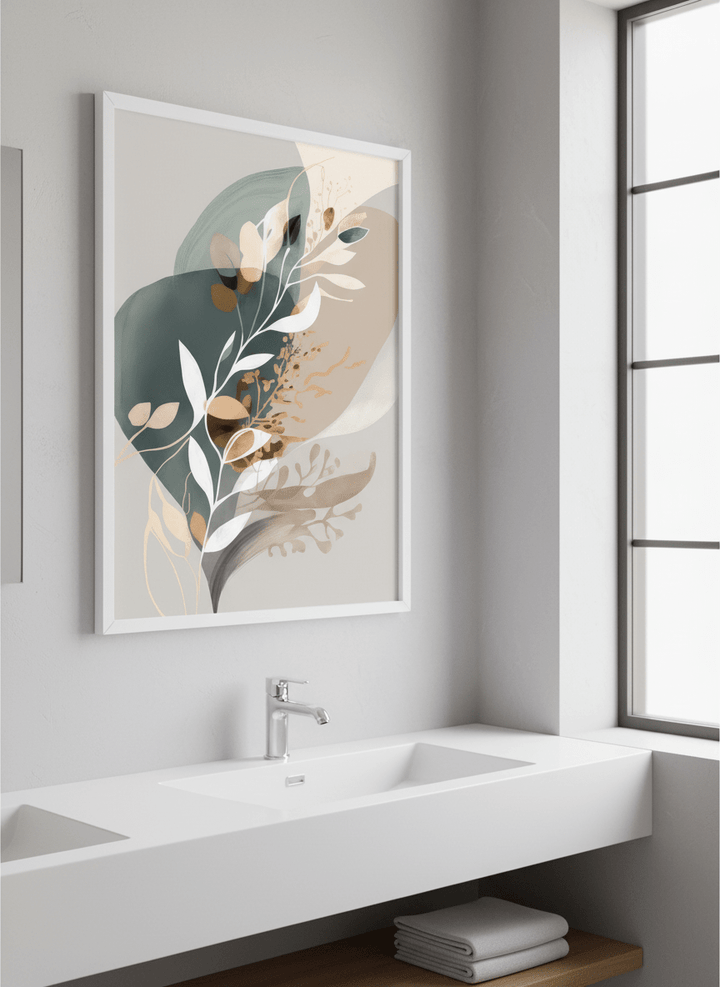 Modern print displayed in a clean minimalist bathroom setting
