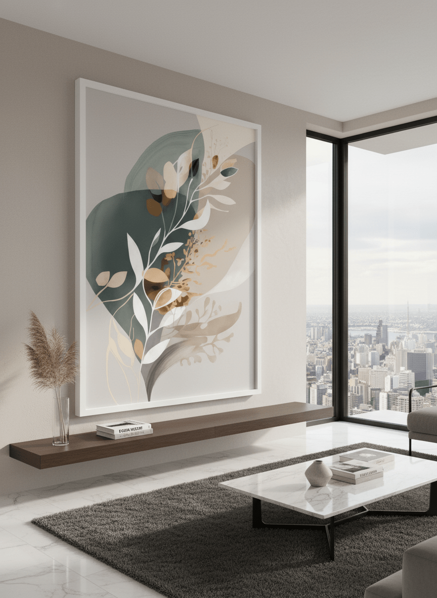 Monumental artwork centred on a feature wall in a luxe interior