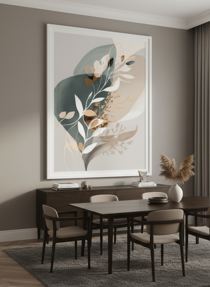 Monumental artwork centred on a feature wall in a luxe interior