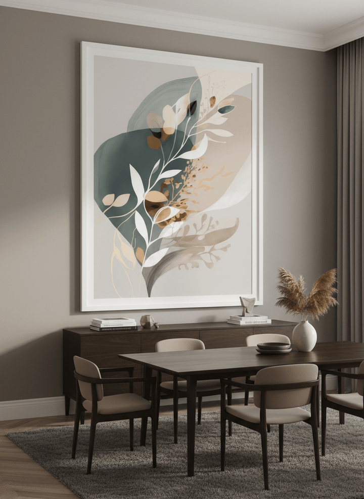 Monumental artwork centred on a feature wall in a luxe interior