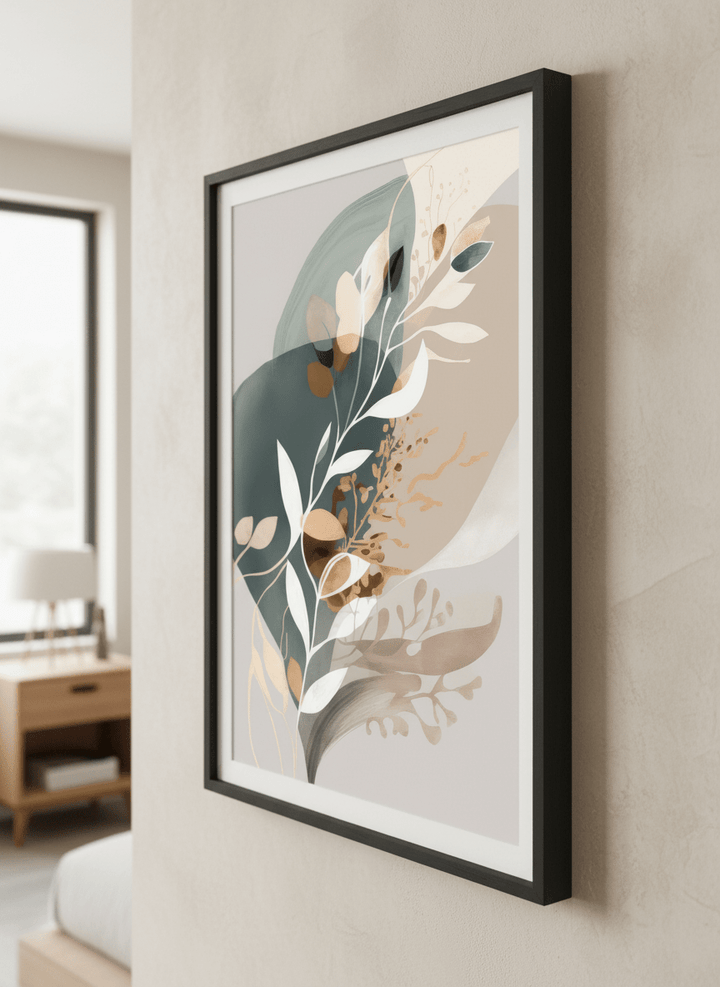 Minimalist artwork displayed in a calm, light-filled bedroom interior