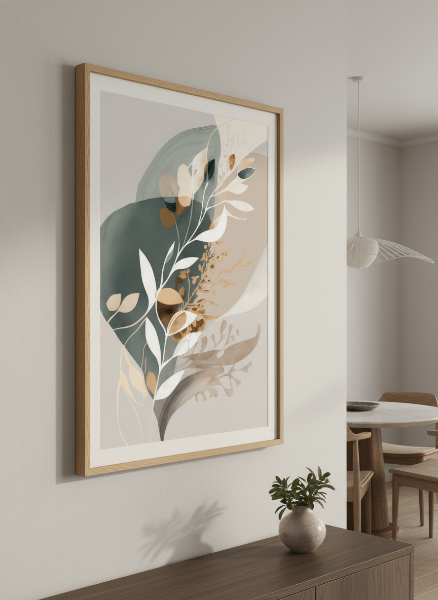 Wall art styled above a dining table in a contemporary home