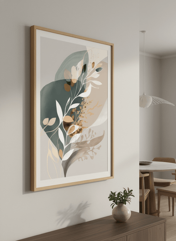 Wall art styled above a dining table in a contemporary home
