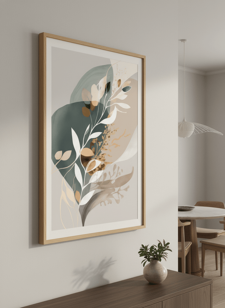 Wall art styled above a dining table in a contemporary home