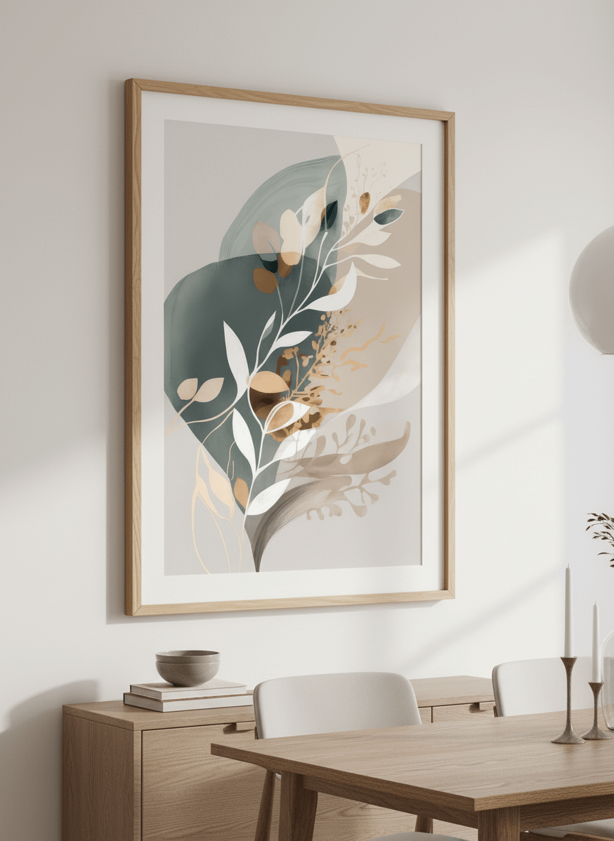 Wall art styled above a dining table in a contemporary home