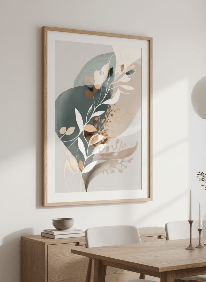 Wall art styled above a dining table in a contemporary home