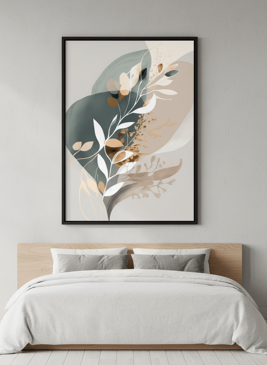 Minimalist artwork displayed in a calm, light-filled bedroom interior