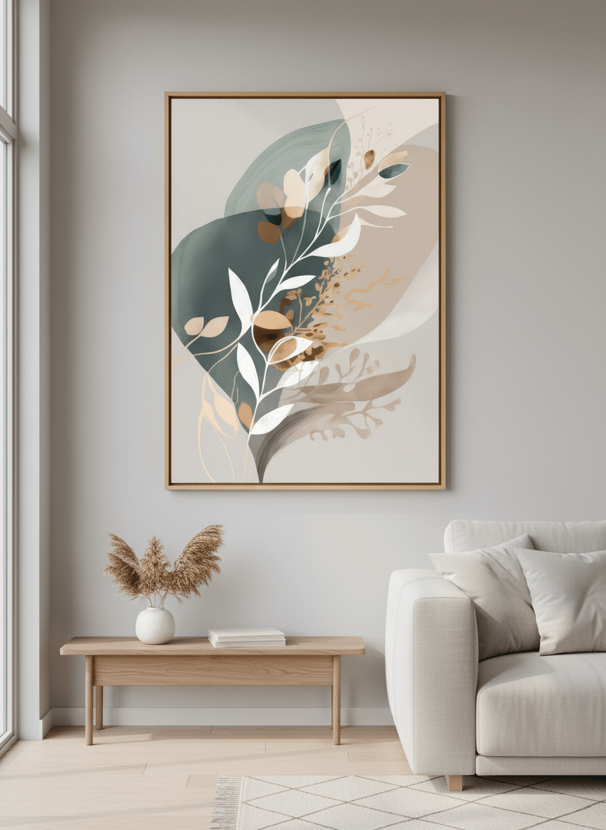 Modern wall art styled above a sofa in a neutral living room