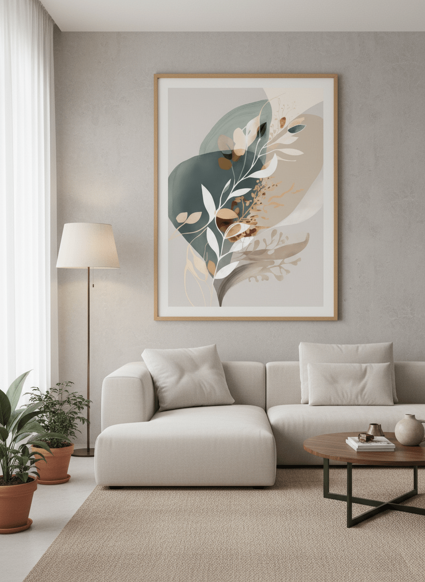 Modern wall art styled above a sofa in a neutral living room