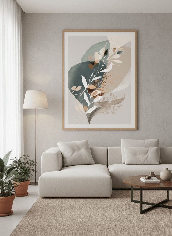 Modern wall art styled above a sofa in a neutral living room